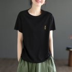 Women Round Neck Short Sleeves T-shirt Cute Embroidered Bunny Casual Tops Simple Solid Color Loose Blouse black 3XL