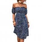 Women Sexy Off Shoulder Dress Elegant Floral Printing Ruffled Midi-skirt Summer Short Sleeve Dress For Party navy blue L