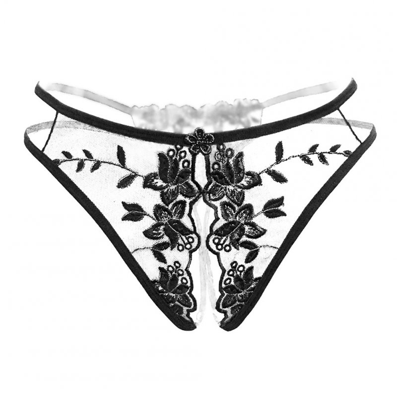 Women  Sexy  Underwear Open Crotch See-through Embroidered Low Waist Thong Black_One size