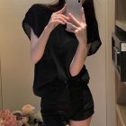 Women Short Sleeved Tops Fashion Sexy Hollow Knitted Blouse Icy Silk Loose Casual T-shirt black one size