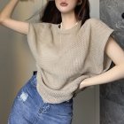 Women Short Sleeved Tops Fashion Sexy Hollow Knitted Blouse Icy Silk Loose Casual T-shirt khaki one size