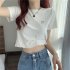 Women Short Sleeves Blouse Trendy Round Neck Sweet Embroidered Ruffled T shirt Sexy Slim Fit Crop Tops White M