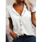 Women Short Sleeves Blouse Fashion V Neck Elegant Ruffled T-shirt Simple Solid Color Casual Pullover Tops White L
