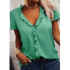 Women Short Sleeves Blouse Fashion V Neck Elegant Ruffled T-shirt Simple Solid Color Casual Pullover Tops green L