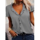 Women Short Sleeves Blouse Fashion V Neck Elegant Ruffled T-shirt Simple Solid Color Casual Pullover Tops grey 2XL