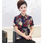 Women Short Sleeves Cheongsam T-shirt Ethnic Style Printing Stand Collar Tops Large Size Slim Fit Blouse navy blue L