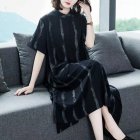 Women Short Sleeves Dress Fashion Striped Printing Single Breasted Cardigan Long Skirt Loose Casual Dress black XL