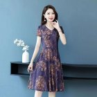 Women Short Sleeves Dress Summer Ice Silk V Neck Loose Large Size Midi Skirt High Waist Floral Printing A-line Skirt Purple XL