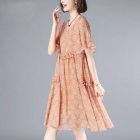 Women Short Sleeves Dress Fashion Elegant V-neck Leaves Printing A-line Skirt Casual Loose Pullover Dress orange M