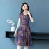 Women Short Sleeves Dress Summer Ice Silk V Neck Loose Large Size Midi Skirt High Waist Floral Printing A line Skirt Purple M