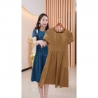 Women Short Sleeves Dress Elegant Round Neck Lace-up Pullover A-line Skirt Casual Solid Color Loose Dress Dark khaki L