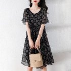 Women Short Sleeves Dress Fashion Elegant V-neck Leaves Printing A-line Skirt Casual Loose Pullover Dress black L