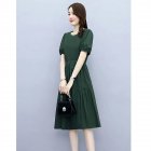 Women Short Sleeves Dress Elegant Round Neck Lace-up Pullover A-line Skirt Casual Solid Color Loose Dress green L