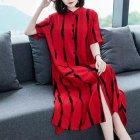 Women Short Sleeves Dress Fashion Striped Printing Single Breasted Cardigan Long Skirt Loose Casual Dress red 2XL