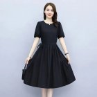 Women Short Sleeves Dress Elegant Round Neck Lace-up Pullover A-line Skirt Casual Solid Color Loose Dress black XXL