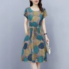 Women Short Sleeves Dress Fashion Sweet Floral Printing Large Swing Dress Casual Round Neck Pullover A-line Skirt green XL