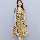Women Short Sleeves Dress Fashion Sweet Floral Printing Large Swing Dress Casual Round Neck Pullover A-line Skirt yellow M