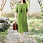 Women Short Sleeves Dress Fashion Chinese Style Cotton Linen Midi Skirt Loose Solid Color Round Neck Dress Grass green XXL
