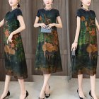 Women Short Sleeves Dress Retro Chinese Style Printing Large Size A-line Skirt Casual High Waist Round Neck Midi Skirt L8884 XL