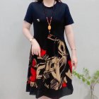 Women Short Sleeves Dress Fashion Loose Large Size Midi Skirt Retro Printing Round Neck Dress 312# Geometry 5XL