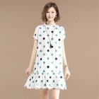 Women Short Sleeves Dress Stylish Polka Dot Printing Ruffled A-line Skirt Sweet Stand Collar Loose Dress White L