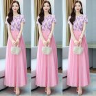 Women Short Sleeves Dress Summer Elegant Contrast Color Round Neck Midi Skirt High Waist Large Swing Dress p03 pink M