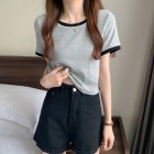 Women Short Sleeves T-shirt Summer Trendy Round Neck Contrast Color Blouse Slim Fit Pullover Tops grey M