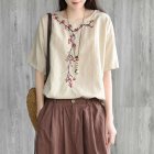 Women Short Sleeves T-shirt Retro Ethnic Style Embroidery Cotton Linen Blouse Half-sleeved Loose Tops apricot L