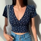 Women Short Sleeves T-shirt Trendy V-neck Retro Floral Printing Crop Tops Casual Slim Fit Pullover Blouse dark blue XXL