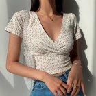 Women Short Sleeves T-shirt Trendy V-neck Retro Floral Printing Crop Tops Casual Slim Fit Pullover Blouse yellow M