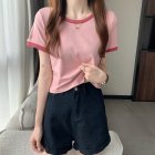 Women Short Sleeves T-shirt Summer Trendy Round Neck Contrast Color Blouse Slim Fit Pullover Tops Pink L