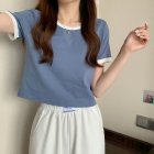 Women Short Sleeves T-shirt Summer Trendy Round Neck Contrast Color Blouse Slim Fit Pullover Tops blue M