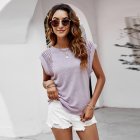 Women Short Sleeves T-shirt Elegant Lace Hollow-out Batwing Sleeves Blouse Casual Solid Color Tops Purple L