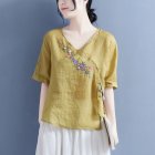 Women Short Sleeves T-shirt Retro Floral Embroidery Cotton Linen Blouse Summer Loose Casual Pullover Tops yellow L