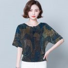 Women Short Sleeves T-shirt Summer Retro Geometric Pattern Loose Blouse Contrast Color Round Neck Pullover Tops green 2XL