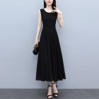Women Sleeveless Tank Dress Summer Round Neck A-line Skirt Elegant Solid Color Pullover Long Dress black XL