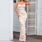 Women Spaghetti Strap Dress Summer Sexy High Waist Backless Lace-up Long Skirt Elegant Floral Printing Pleated Dress rose print M