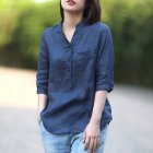 Women Summer Casual Cotton and Linen Stand Collar Shirt  Loose Mid-length Sleeve Shirt Navy_M