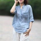 Women Summer Casual Cotton and Linen Stand Collar Shirt  Loose Mid-length Sleeve Shirt Ice blue_XXXL