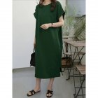 Women Summer Casual Round Neck Dress Solid Color Short Sleeve Loose Slit Long Dress dark green L