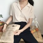 Women Summer Chiffon Shirt Lapel Collar Solid Color Short Sleeve Tops Casual Bottoming Shirt apricot L