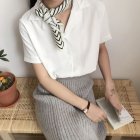 Women Summer Chiffon Shirt Lapel Collar Solid Color Short Sleeve Tops Casual Bottoming Shirt White L