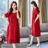 Women Summer Round Collar Loose Short Sleeve Printing Dress red L