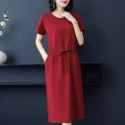 Women Summer Round Neck Short Sleeves Dress With Pocket Elegant Lace-up Solid Color Large Size Midi Skirt red XL