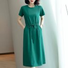 Women Summer Round Neck Short Sleeves Dress With Pocket Elegant Lace-up Solid Color Large Size Midi Skirt green XL