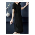 Women Summer Round Neck Short Sleeves Dress With Pocket Elegant Lace-up Solid Color Large Size Midi Skirt black 4XL