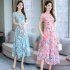 Women Summer Short Sleeve Flower Pattern Casual Long Dress Light blue XL