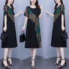 Women Summer Short Sleeves Dress Retro Printing Round Neck Pullover A-line Skirt Loose Large Size Dress green M