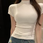 Women Summer Short Sleeves T-shirt Sexy Mock Neck Bottoming Blouse Slim Fit Solid Color Pullover Tops White M