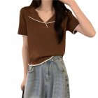 Women Summer Short Sleeves T-shirt Elegant Lapel Blouse Slim Fit Pullover Knitted Tops Brown one size